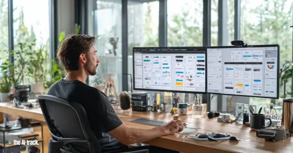 Person sitting in front of computer screens managing AI