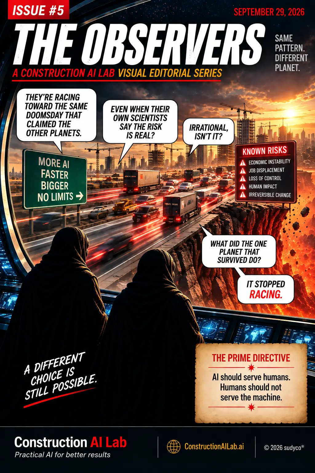 Aliens discussing how we are racing towards our doom and need to slow down with AI