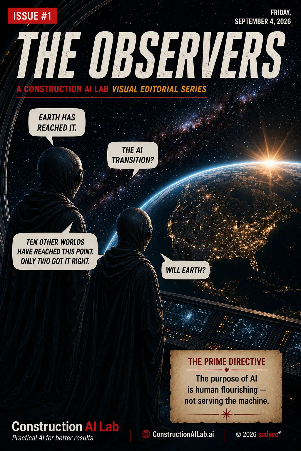 The Observers - Construction AI Labs' Graphic Editorial - 2 aliens looking down on earth talking about how they earth has reached the time of AI transition