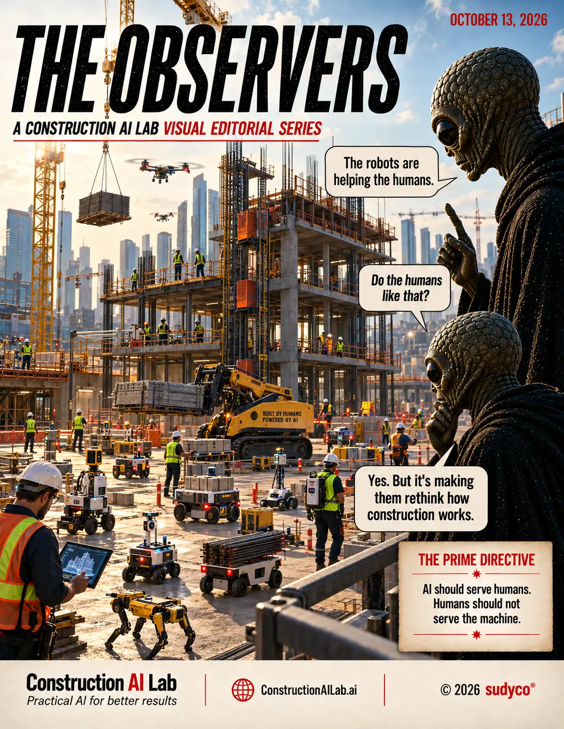 Two aliens discussing how robots are making humans rethink how construction works