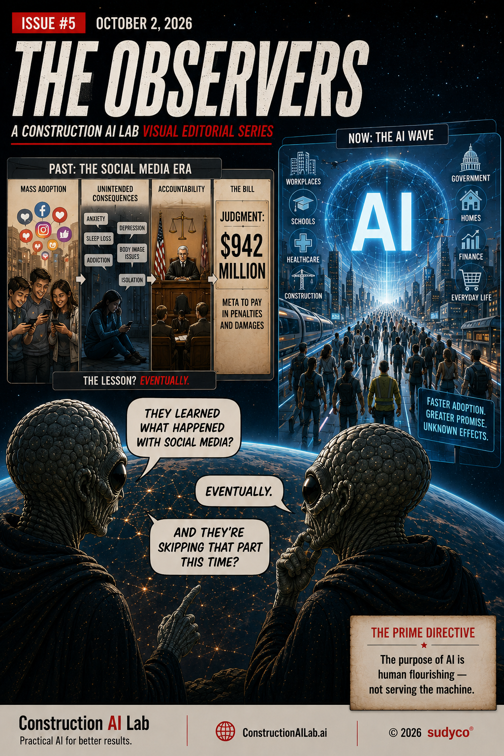 Two aliens discussing how humans have not learned their lessons when developing ai from introducing Social Media